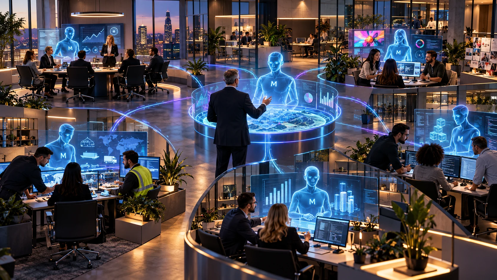 Fünf Unternehmensteams arbeiten mit eigenen M-AI-Personas, während Führung und Master AI den gemeinsamen Organisationskontext koordinieren.